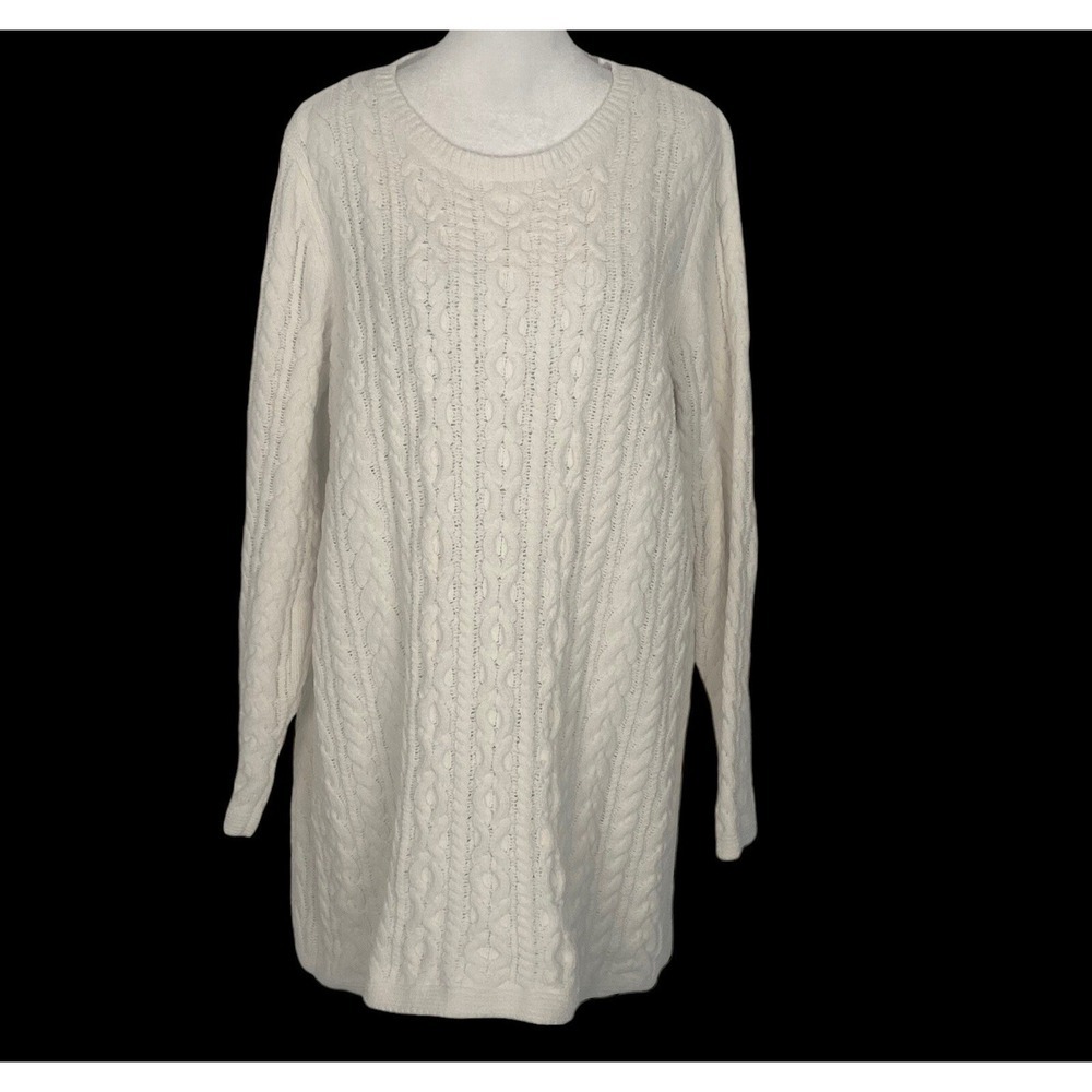 J JILL Women Cable Knit Long Sleeve Pullover Long Line Sweater Sz L Ivory 29-2